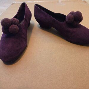 Stephane Kelian eggplant suede low-heeled pump with removable pompoms